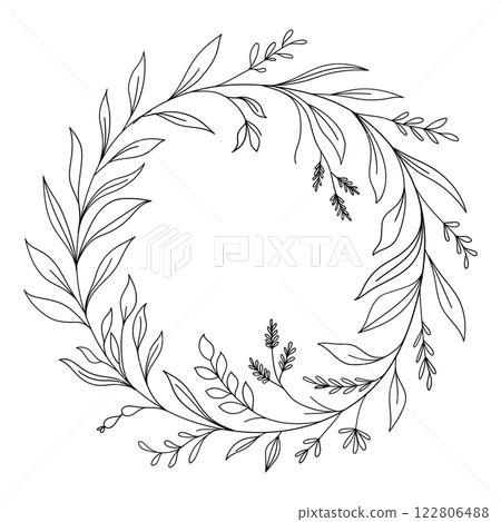 Circular botanical wreath with leafy details, minimalist black and white design. 122806488