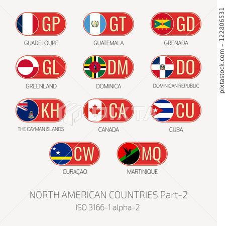 Set of vector illustrations of ISO 3166 1 alpha 2 and flags of NORTH AMERICAN COUNTRIES . Part 2. Set of vector illustrations of ISO 3166 1 alpha 2 and flags of NORTH AMERICAN COUNTRIES . Part 2. 122806531