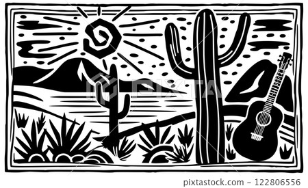 Brazilian cordel style. Landscape with cacti and guitar. Vector woodcut monochrome illustration 122806556