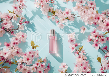 one transparent cosmetic bottle with branches of pink sakura flowers, beauty and spa concept 122806607