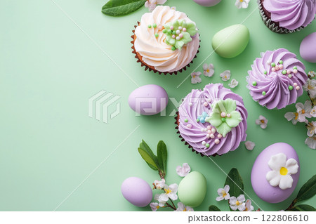 cakes with cream in delicate purple-green shades, flat lay, copy space 122806610