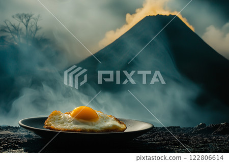 fried eggs are hot on the background of mountains 122806614