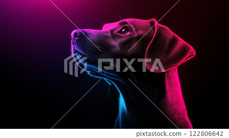 Vibrant dog portrait in shades of pink and blue on dark backdrop with colorful lighting effects for modern art design 122806642