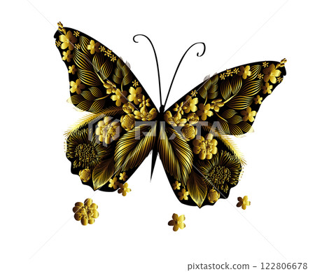 Golden butterfly with golden flowers. hand drawing. Not AI. Vector illustration Golden butterfly with golden flowers. hand drawing. Not AI. Vector illustration 122806678