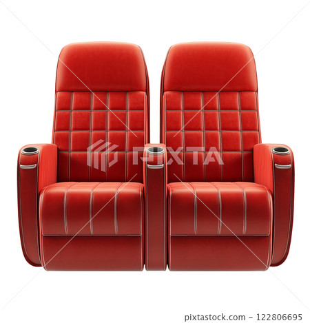 Pair of red cinema seats isolated on a transparent background. Two comfortable theater chairs with cup holders, upholstered seating for entertainment venues. Pair of red cinema seats isolated on a transparent background. Two comfortable theater chairs with cup holders, upholstered seating for entertainment venues. 122806695