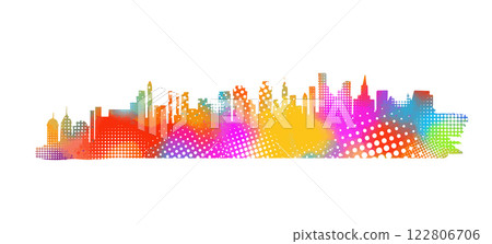 Colored city long panorama. hand drawing. Not AI. Vector illustration 122806706