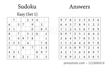 Sudoku Puzzle 9x9 Set 1 Easy with Answers, Fun Brain-Training Game for Kids, Teens and Adults, Vector Sudoku Puzzle 9x9 Set 1 Easy with Answers, Fun Brain-Training Game for Kids, Teens and Adults, Vector 122806814
