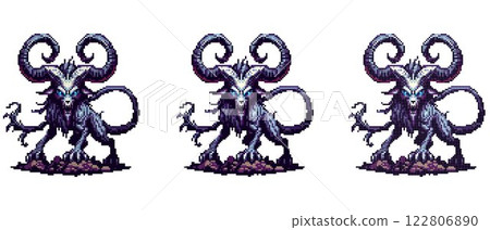Pixel art creature with large curved horns glowing blue eyes and a snarling mouth with sharp teeth standing on a rocky surface Pixel art creature with large curved horns glowing blue eyes and a snarling mouth with sharp teeth standing on a rocky surface 122806890