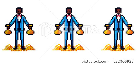 Pixel art character in a blue suit with a red bow tie, holding bags of gold, standing on a pile of gold coins 122806923