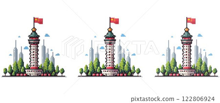 Pixel art depiction of a tall tower with a Chinese flag on top, green roof, and red accents, surrounded by trees and modern skyscrapers 122806924