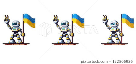 Pixel art robot with yellow and blue accents holding the Ukrainian flag and making a peace sign 122806926