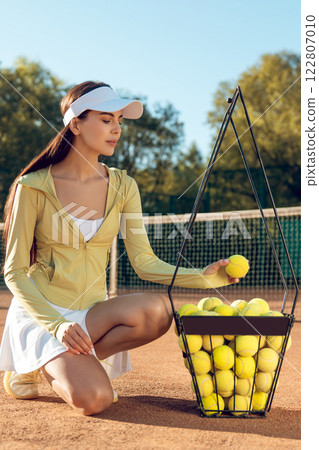 Active sporty adult woman enjoying summertime lifestyle playing tennis on court Active sporty adult woman enjoying summertime lifestyle playing tennis on court 122807010