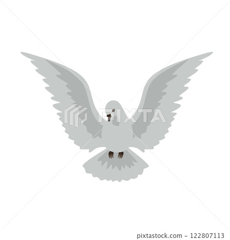 Flying dove bird hand drawn simple vector icon. Pigeon flight cartoon minimal design element. Peace sign, hope, rebirth holy spirit religion symbol. Church sacrament hope belief concept illustration 122807113