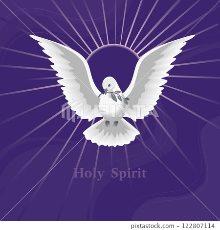 Holy Spirit Dove with olive branch vector poster. Christian holiday Pentecost Trinity Sunday concept. Church sacrament hope belief symbol. Biblical flying spiritual dove religion greeting illustration 122807114