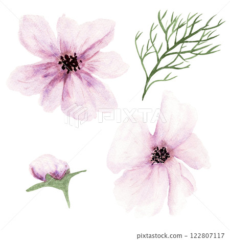 Watercolor set of two pink fantasy flowers, pink blossom and green leaf on white background Watercolor set of two pink fantasy flowers, pink blossom and green leaf on white background 122807117