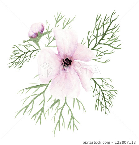 Watercolor composition of pink fantasy flowers with green leaves on white background 122807118