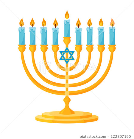 Menorah with nine lit candles. Hand drawn trendy flat style isolated icon Menorah with nine lit candles. Hand drawn trendy flat style isolated icon 122807190