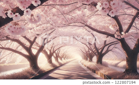 Cherry Blossom Tree-Lined Road – A magical tunnel bathed in spring sunlight 122807194