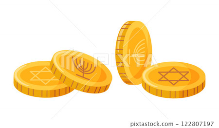 Hanukkah coins with Jewish symbols Magen David and Menorah flat style Hanukkah coins with Jewish symbols Magen David and Menorah flat style 122807197