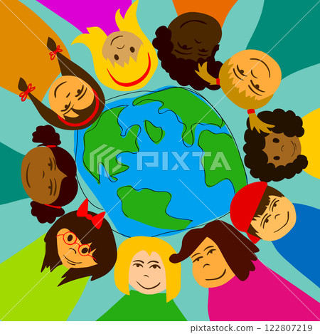 Abstraction friendship children and the globe. hand drawn. Not AI, Vector illustration 122807219