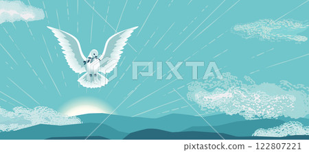 Flying Dove Holy Spirit hand drawn vector illustration. Lent Holy Week, Pentecost, Trinity Sunday concept. Dove with olive branch sacrament biblical symbol. Christian church celebration background 122807221