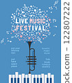 Spring Season Live Music Festival minimal design vector poster. Piano keyboard, trumpet, musical notes cartoon illustration. Blooming Vibes Music Fest performance, outdoor event celebration background 122807222