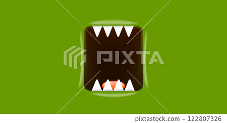 Vector Cartoon wide open monster mouth with fangs isolated on green background. Funny and cute violet Halloween Monster open mouth with big white teeth and pink tongue 122807326