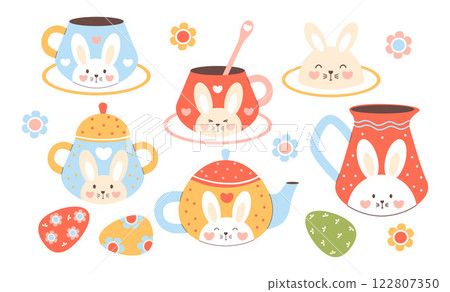 Cute Easter Tableware Set Decorated With Funny Bunny and paschal Eggs. Isolated Festive Items on White Background. Vector illustration 122807350