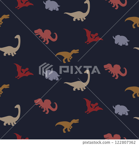 Dinosaur seamless pattern. Hand drawn vector dinosaurs for textile design. Dark blue background Tyrannosaurus Rex, Stegosaurus, Brachiosaurus, Triceratops silhouette outline animals for boys and teens Dinosaur seamless pattern. Hand drawn vector dinosaurs for textile design. Dark blue background Tyrannosaurus Rex, Stegosaurus, Brachiosaurus, Triceratops silhouette outline animals for boys and teens 122807362