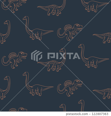 Dinosaur seamless pattern. Hand drawn vector dinosaurs for textile design. Dark blue background Tyrannosaurus Rex, Stegosaurus, Brachiosaurus, Triceratops outline animals for boys and teens clothing Dinosaur seamless pattern. Hand drawn vector dinosaurs for textile design. Dark blue background Tyrannosaurus Rex, Stegosaurus, Brachiosaurus, Triceratops outline animals for boys and teens clothing 122807363