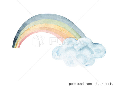 Colored rainbow in pastel colors with blue Cloud. Watercolor hand drawn illustration isolated on white background. Design for kids, greeting cards and nursery posters. 122807419