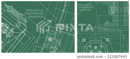 Blueprint illustration set. Engine line drawing 122807443
