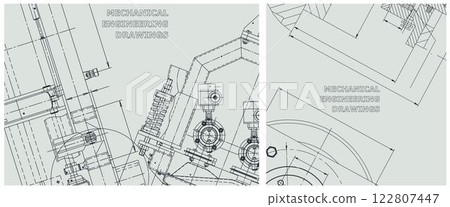Blueprint illustration set. Engine line drawing Blueprint illustration set. Engine line drawing 122807447