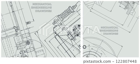 Blueprint illustration set. Engine line drawing Blueprint illustration set. Engine line drawing 122807448