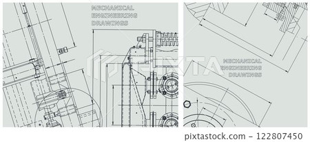 Blueprint illustration set. Engine line drawing 122807450