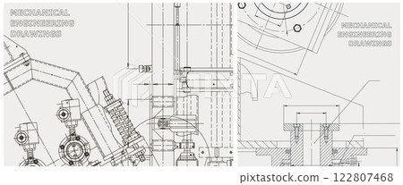 Blueprint illustration set. Engine line drawing Blueprint illustration set. Engine line drawing 122807468