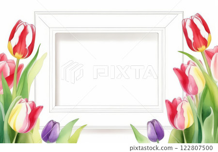Watercolor illustration of a frame with the colorful tulips Hand drawn 122807500