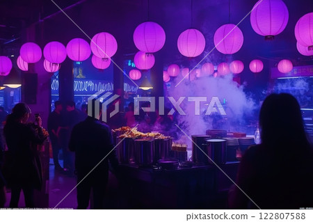 Crowds gather in a lively night market filled with colorful purple lanterns. Vendors cook savory dishes while steam rises from bustling food stalls, creating a festive atmosphere. 122807588