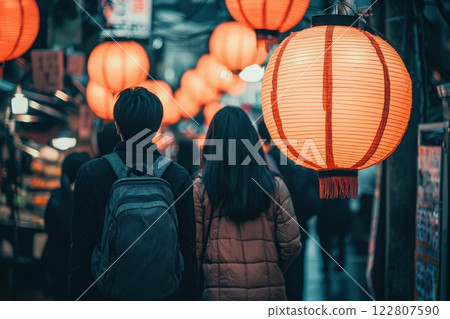 A couple strolls through a lively night market, illuminated by numerous glowing lanterns. The atmosphere is warm and inviting, creating a romantic backdrop for exploration. A couple strolls through a lively night market, illuminated by numerous glowing lanterns. The atmosphere is warm and inviting, creating a romantic backdrop for exploration. 122807590