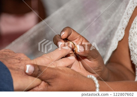 Wedding Couple Exchanging Rings: Romantic Ceremony Moment Wedding Couple Exchanging Rings: Romantic Ceremony Moment 122807602