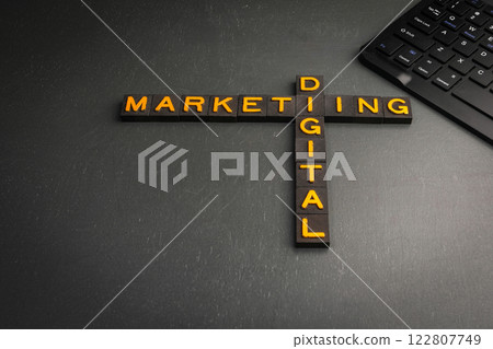 Digital Marketing. Crossword from old alphabet letters tiles Digital Marketing. Crossword from old alphabet letters tiles 122807749