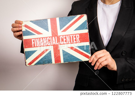 Financial Center. British flag in a woman's hands 122807773
