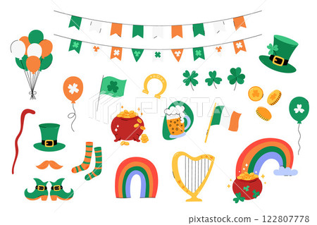 Patricks Day vector set, colorful clipart, elements. Cute flat and doodle illustrations leprechaun stuff, pot of gold, clovers and shamrocks, rainbow and festive objects. Saint Patrick Day March 17 Patricks Day vector set, colorful clipart, elements. Cute flat and doodle illustrations leprechaun stuff, pot of gold, clovers and shamrocks, rainbow and festive objects. Saint Patrick Day March 17 122807778