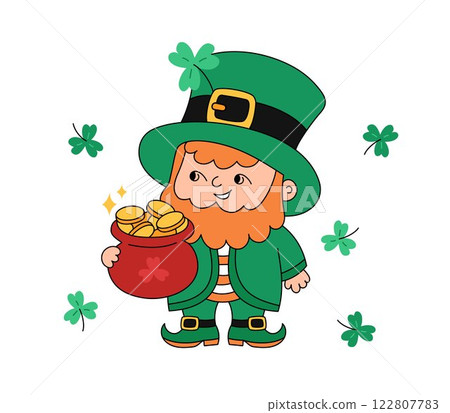 Cute leprechaun holding pot of gold vector. Shamrocks St Patricks Day symbol. Irish folklore objects isolated. Patricks Day March 17 cartoon doodle illustration Cute leprechaun holding pot of gold vector. Shamrocks St Patricks Day symbol. Irish folklore objects isolated. Patricks Day March 17 cartoon doodle illustration 122807783