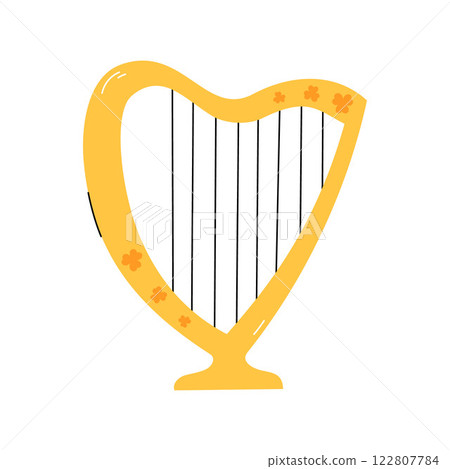 Harp isolated vector illustration. Saint Patricks Day symbol. Golden Irish harp with shamrock ornament. March 17 design element, object isolated. Festive harp traditional musical instrument Harp isolated vector illustration. Saint Patricks Day symbol. Golden Irish harp with shamrock ornament. March 17 design element, object isolated. Festive harp traditional musical instrument 122807784