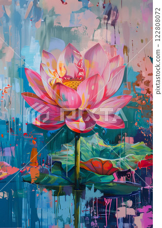 White pink waterlily or lotus flower in pond. 122808072