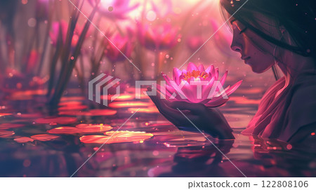 white lotos flower in pond, symbol of wesak day. 3d illustration 122808106