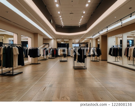 Empty clothes shop with numerous hangers. Concept banner for a shop, overconsumption of clothes 122808138