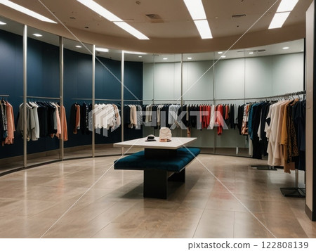 Empty clothes shop with numerous hangers. Concept banner for a shop, overconsumption of clothes 122808139