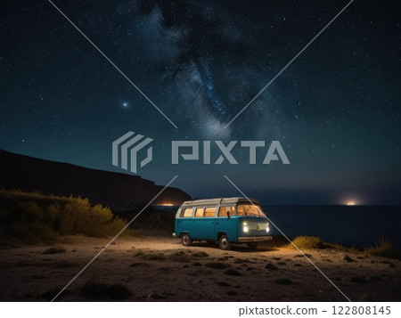 The house on wheels stands on the coast near the ocean on a starry, beautiful night. The concept of digital nomads, independence, freedom of movement, tourism. 122808145